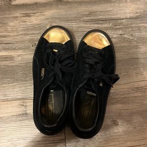 Black Puma Shoes with Gold Toe